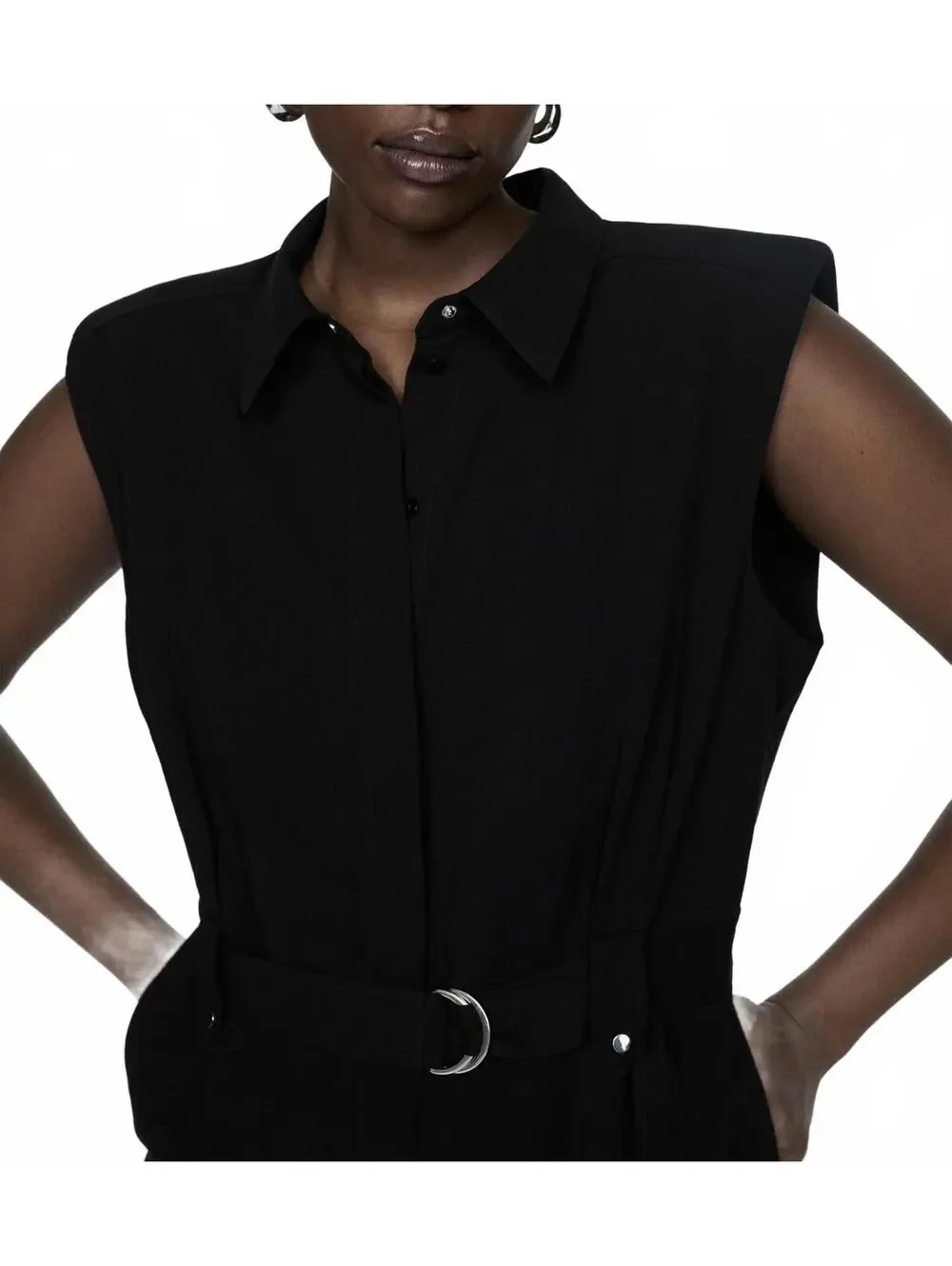 Mango Linen Blend Jumpsuit With Belt Clip and Shoulder Pad NWT Matty Black Large